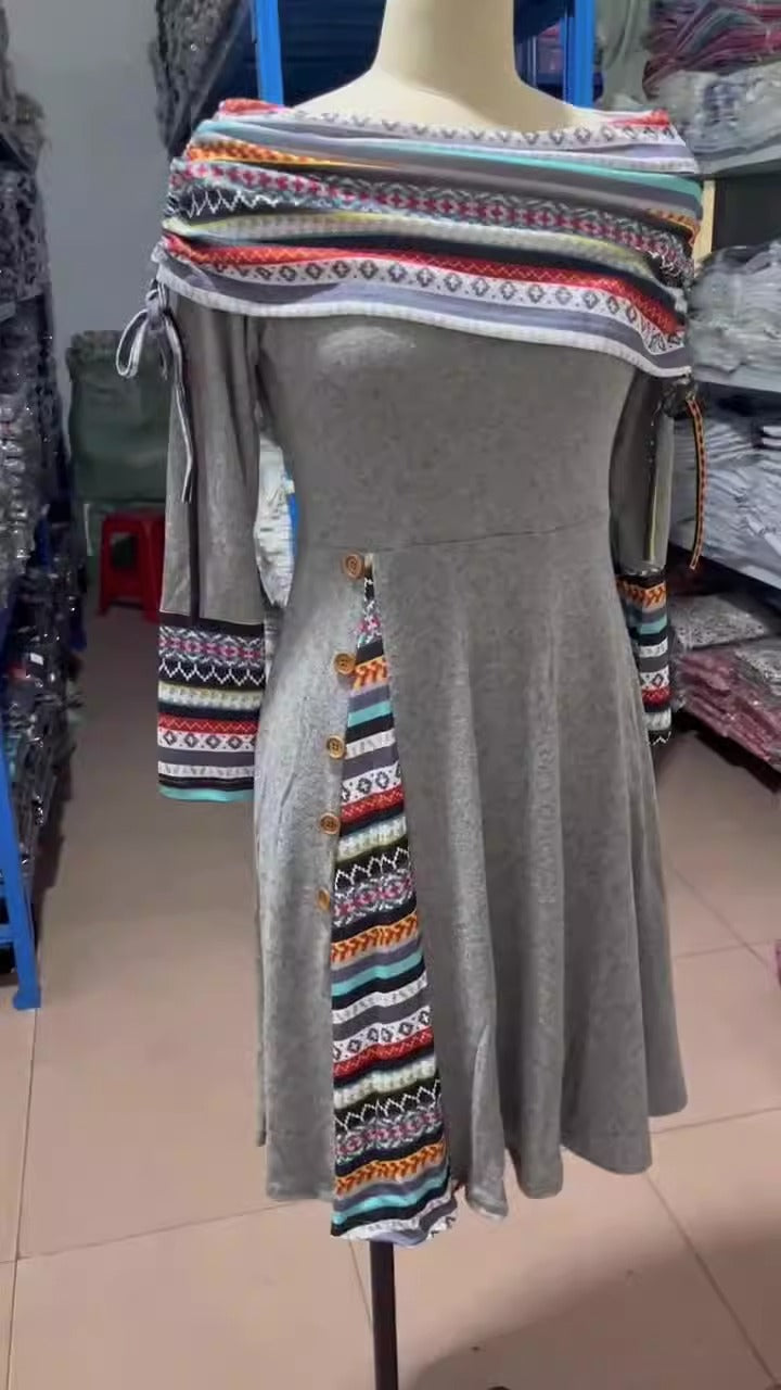 Nuevo vestido de manga larga con un hombro oscilante grande envuelto en la cintura para mujer a la moda