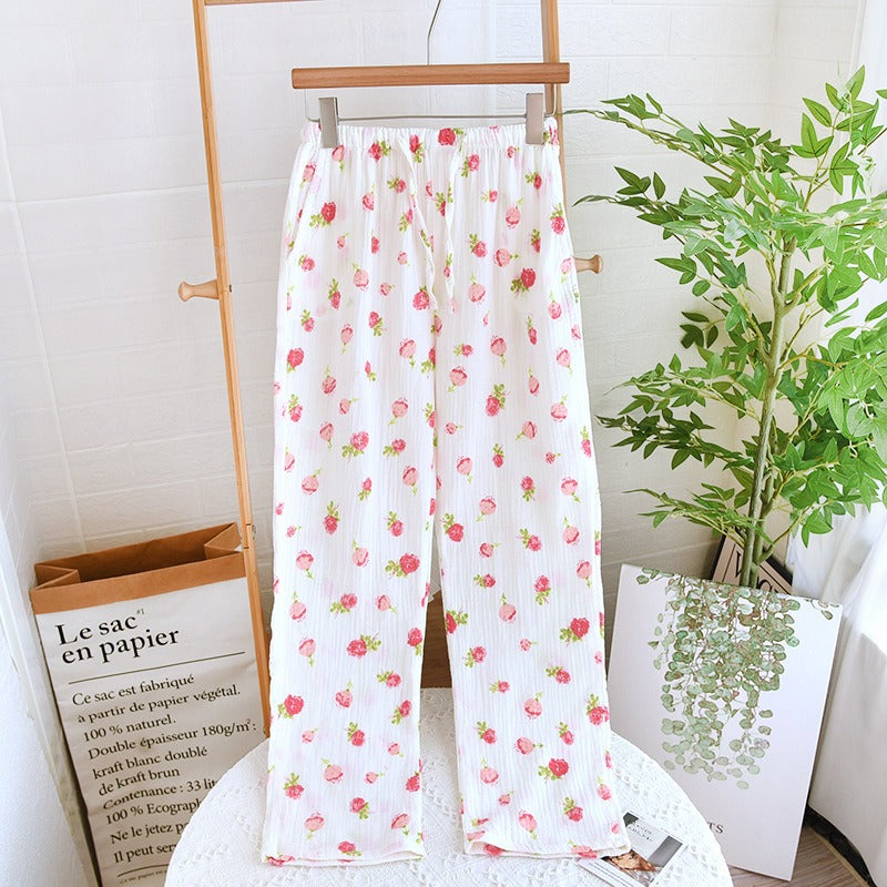 Pantalones de pijama de crepé de algodón para mujer, pantalones holgados con cintura elástica, pantalones para dormir transpirables, ropa de estar en casa para las cuatro estaciones