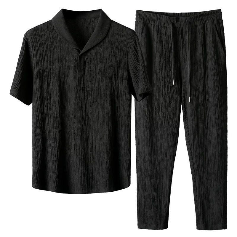 Pleated casual sports suit for men, light and breathable, fashionable lapel short-sleeved trousers, two-piece suit