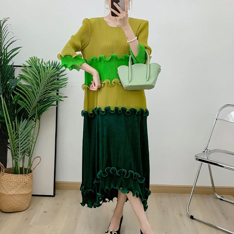 Fashionable long skirt with wooden ear edge pleated fabric loose fitting dress