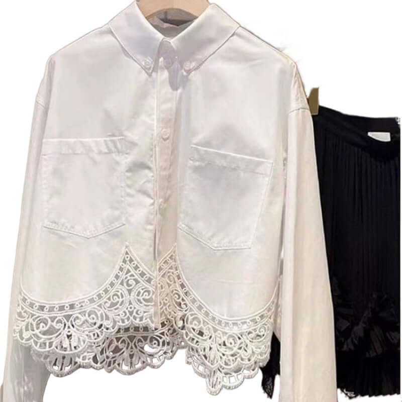 French lace patchwork top niche small long sleeved white shirt