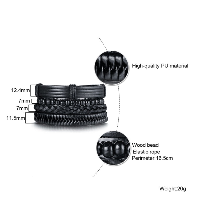 4pcs/ Set Black Bracelets for Men Bangle Adjustable Length Bohemia