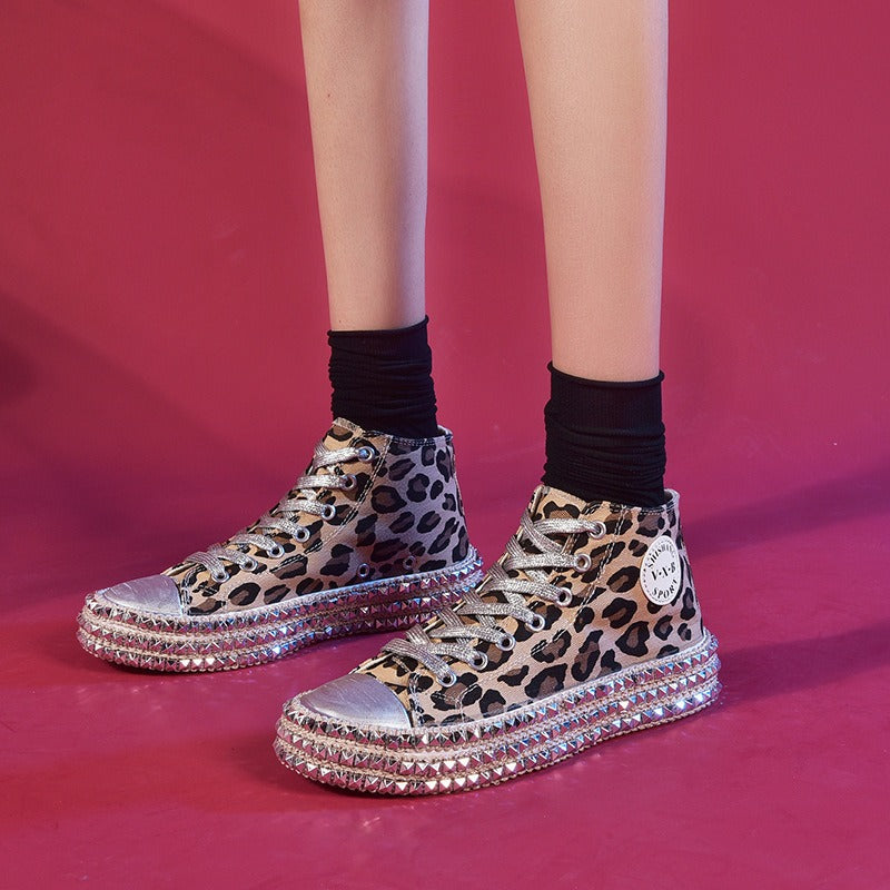 Korean style fashion all-match sneakers rivet leopard print