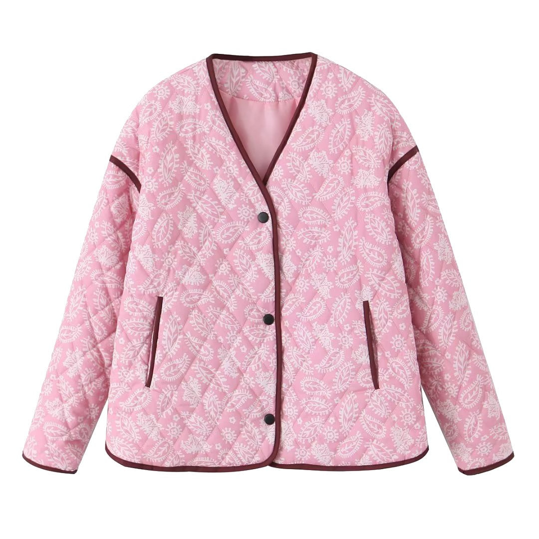 Fashionable pink V-neck printed loose casual patchwork cotton jacket