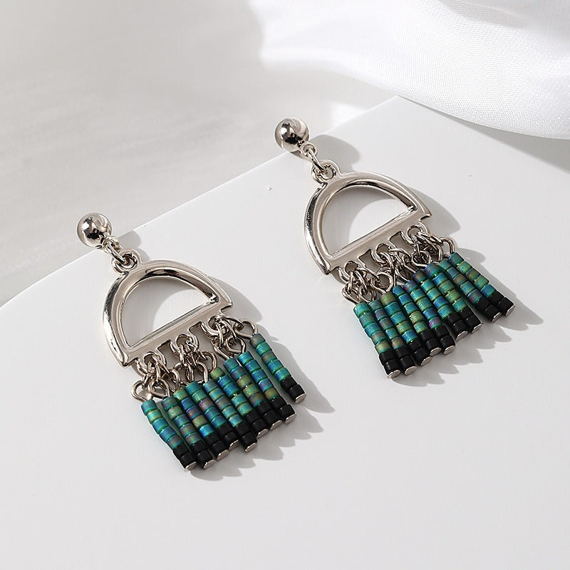 Pendientes de borla de cuentas de arroz hechos a mano, estilo bohemio, chapados en cobre, diseño de moda