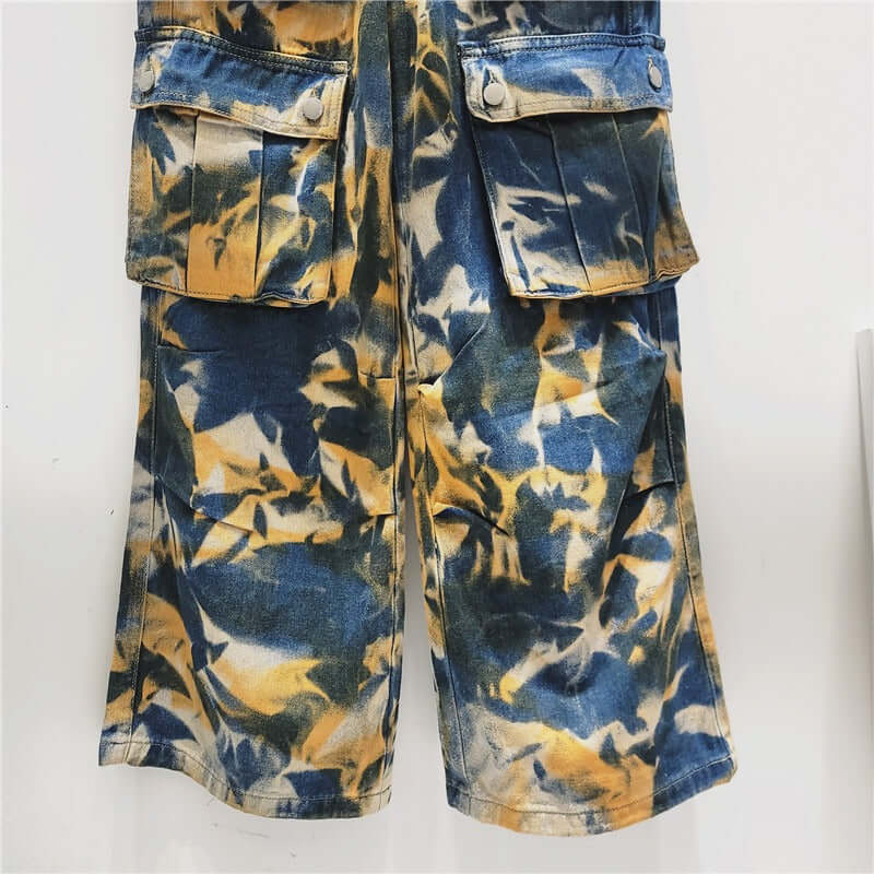 Retro street multi pocket camouflage work pants, long pants, straight leg mop jeans, wide leg pants