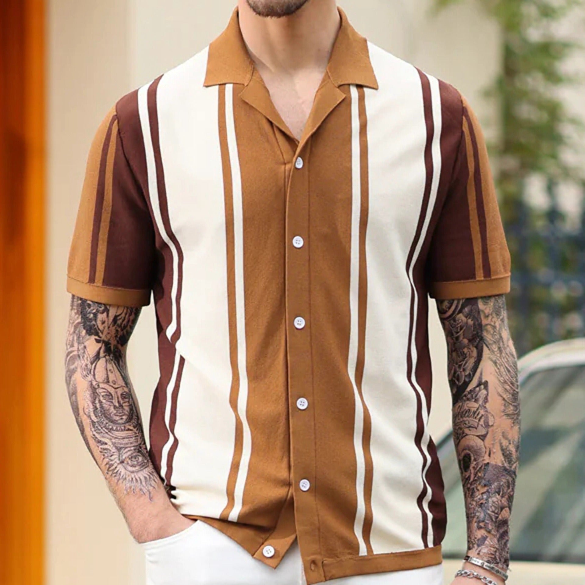 Summer patchwork contrasting knit shirt with lapel business polo shirt