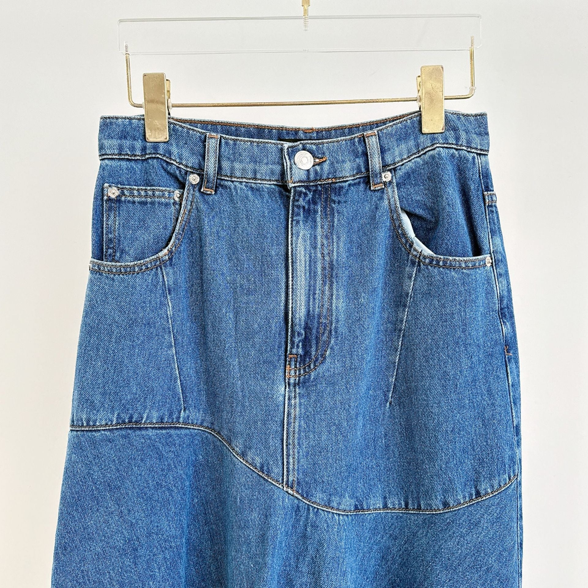 New fashion splicing blue irregular denim high waisted half length skirt