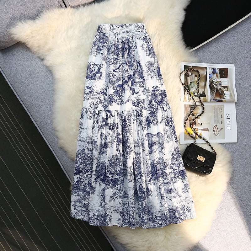 Animal porcelain temperament fluffy half skirt female ink painting Hepburn A-line printed pleated skirt