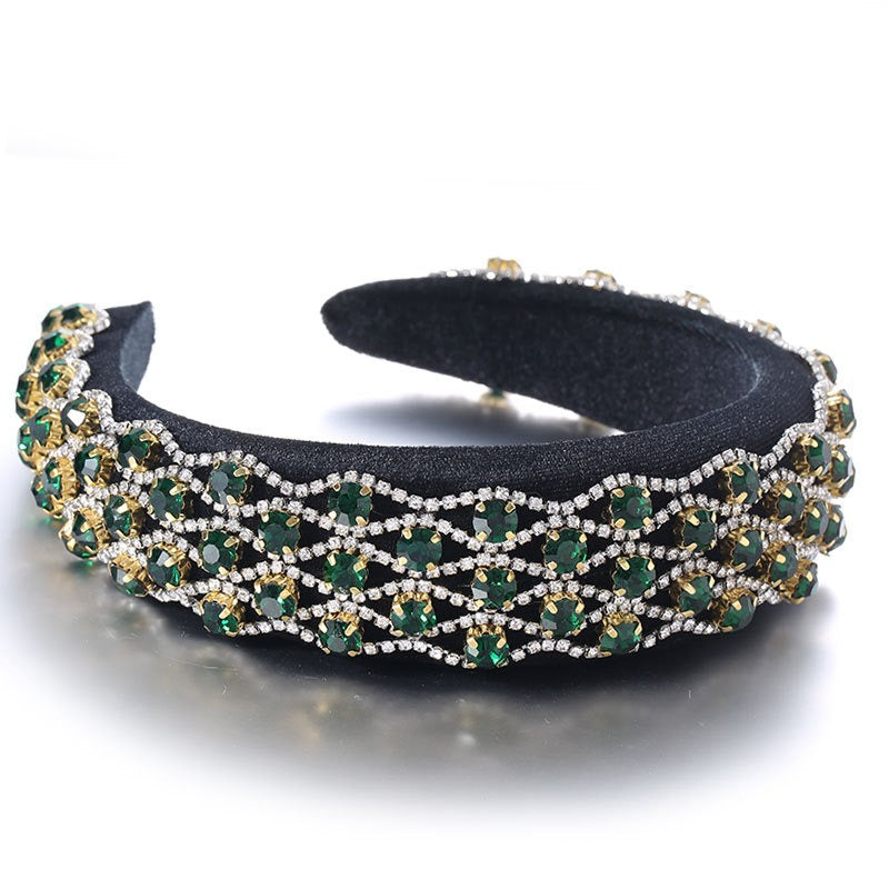 Fashionable full set rhinestone wide edge solid color sponge head hoop