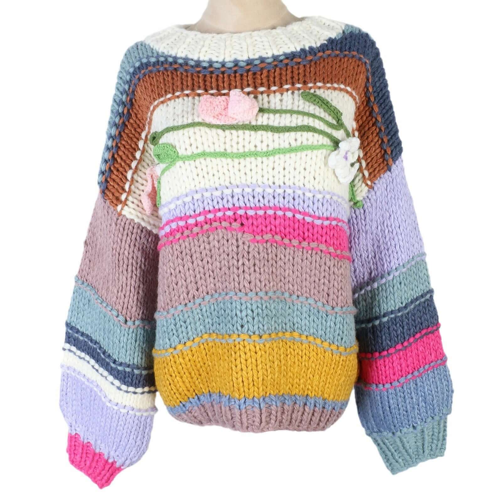 Fashionable lazy style sweater knitted sweater striped contrasting loose stick needle punched three-dimensional flower long slee