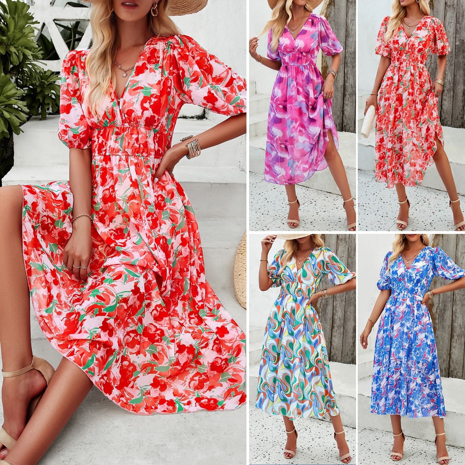 Vestido largo con cuello en V ceñido y cintura estampada informal para vacaciones de verano para mujeres europeas y americanas 