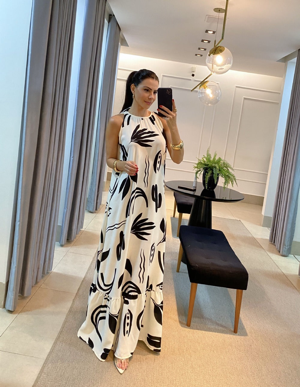 New black and white printed camisole long skirt for women