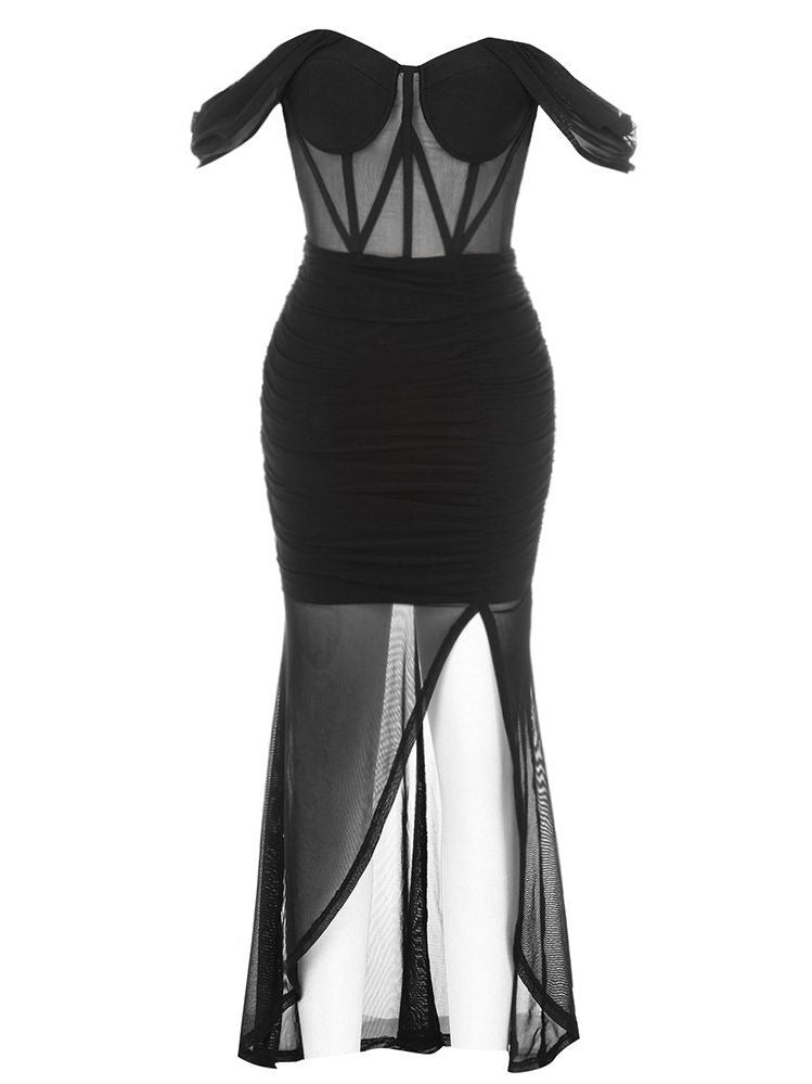 Vestido ajustado de malla negra con retazos para mujer, elegante, sin mangas, con tirantes