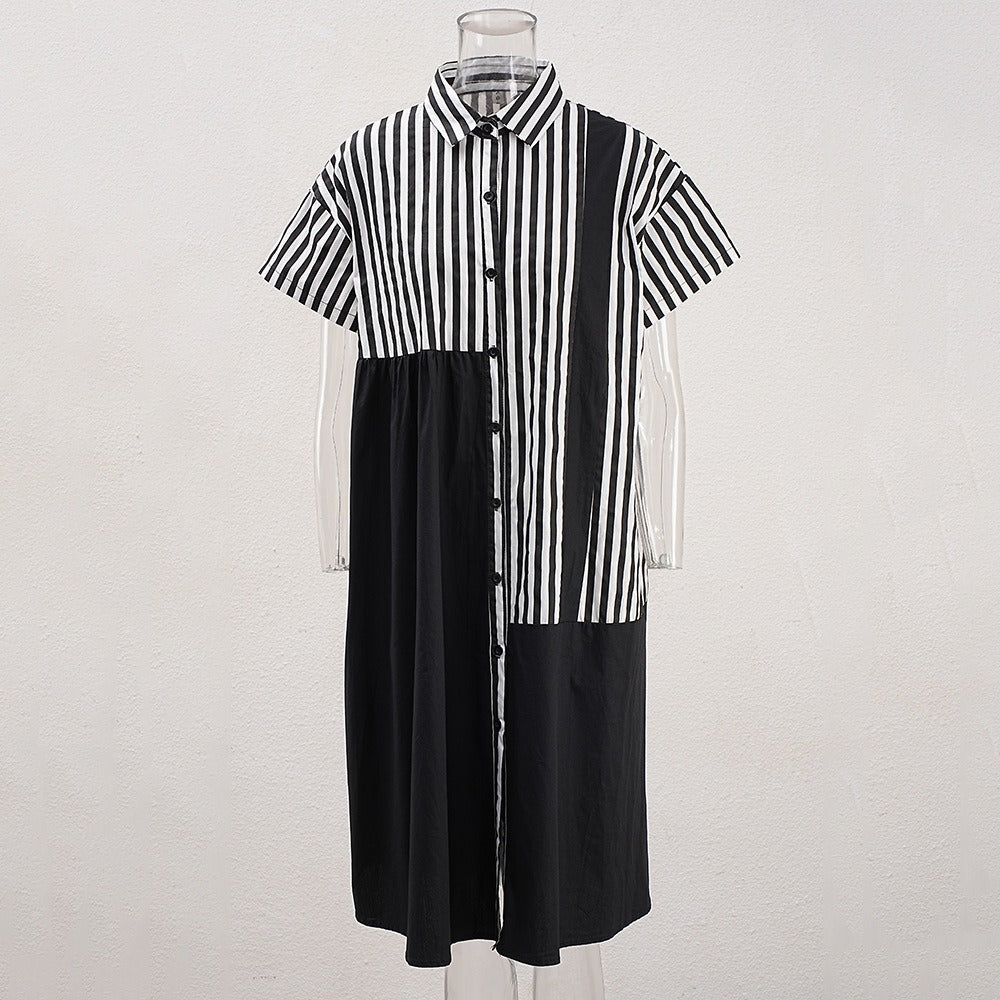 Striped contrasting color patchwork loose short sleeved shirt style dress women's lapel single breasted casual mid length skirt