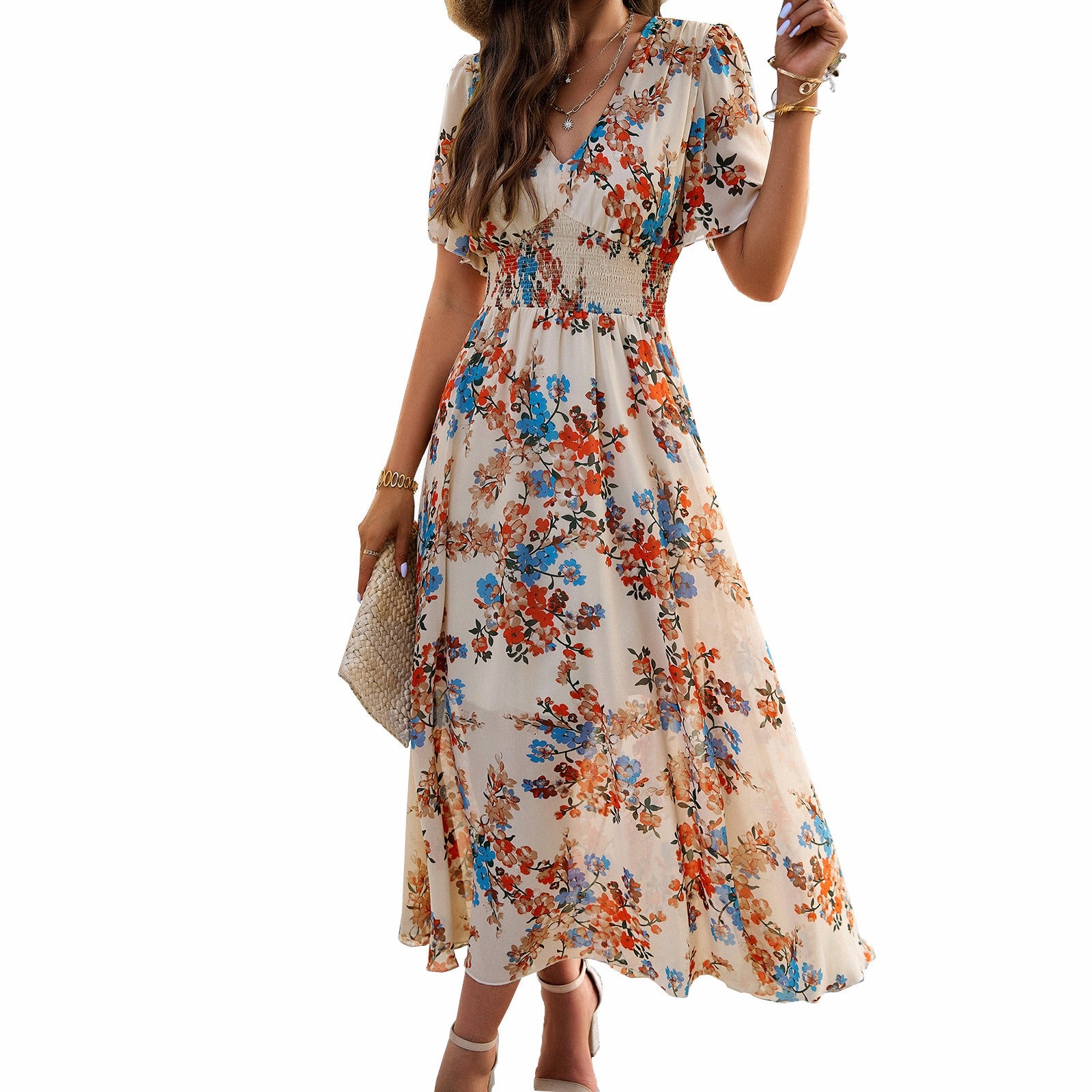 Vestido de manga corta con cintura estampada estilo primavera/verano para mujer 