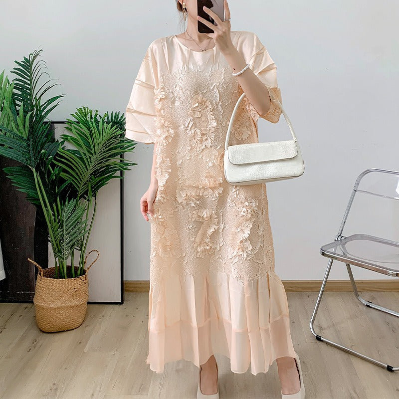 Embroidered embossed pleated dress with round neck loose fitting mid length skirt for women