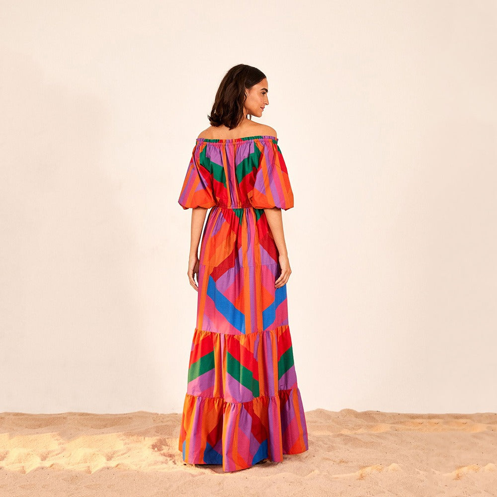 Wrapped chest gradient printed patchwork dress long skirt