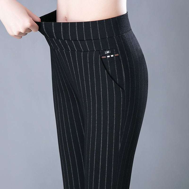 Pantalones informales elásticos de cintura alta para mujer, nuevo estilo, con rayas elásticas para adelgazar, pantalones de pierna recta para mujer de mediana edad