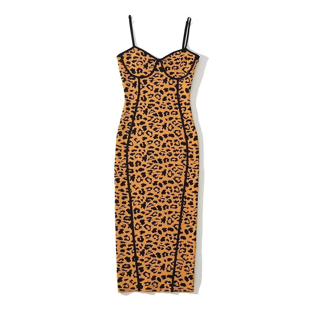 Vestido halter de jacquard con estampado de leopardo, vestido cruzado ajustado elástico de corte bajo para mujer de verano