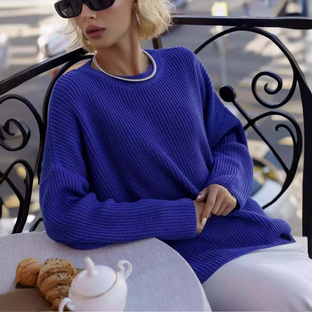 Solid color round neck sweater spring and autumn loose knit sweater