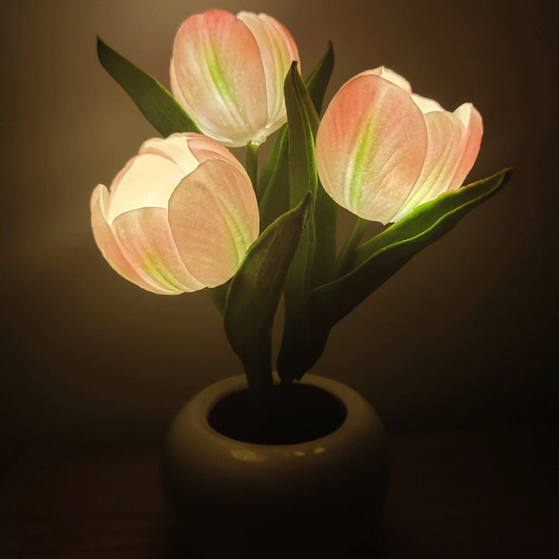 LED Tulip Flower Pot Light Pink Tulip Simulation Flower Pot Ceramic