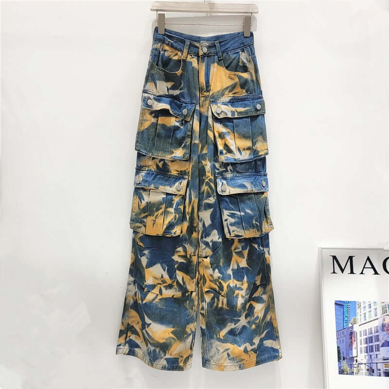 Retro street multi pocket camouflage work pants, long pants, straight leg mop jeans, wide leg pants