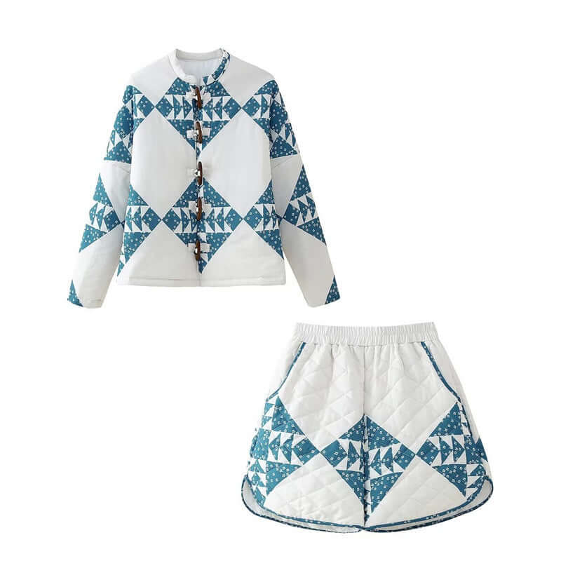 Casual round neck button decoration printed cotton jacket+cotton shorts set