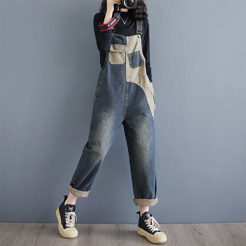 Denim strap pants women's loose high waisted contrasting one-piece wide leg