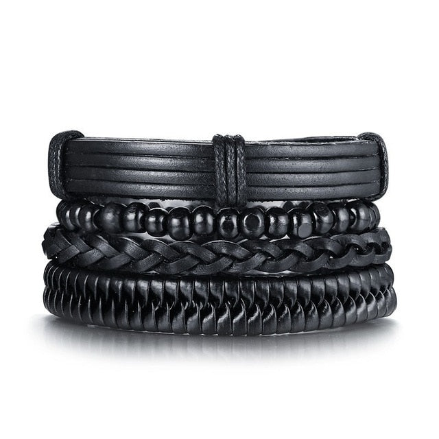 4pcs/ Set Black Bracelets for Men Bangle Adjustable Length Bohemia