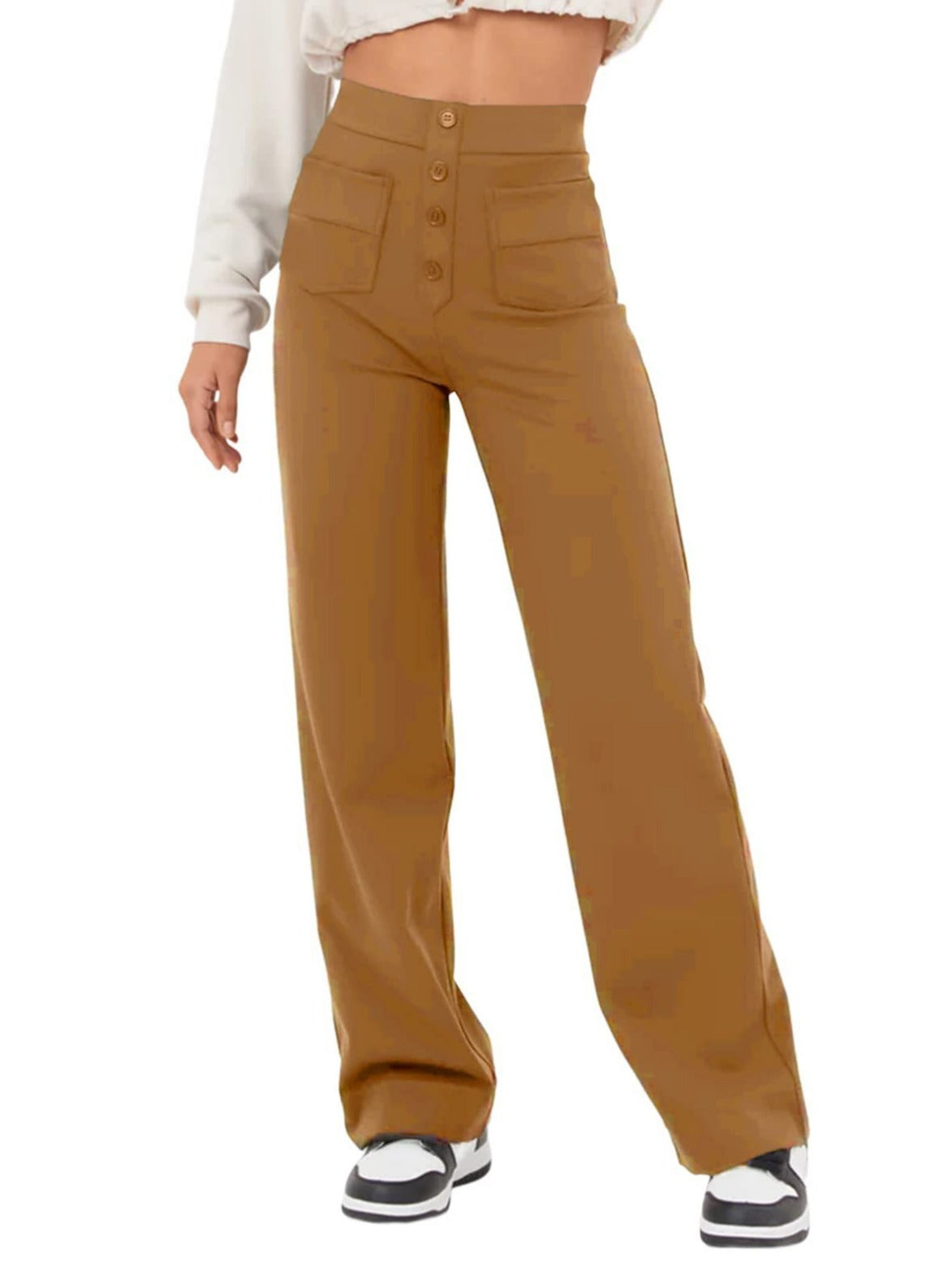 Pantalones casuales de pierna recta para mujer con banda elástica con botones de cintura alta y múltiples bolsillos