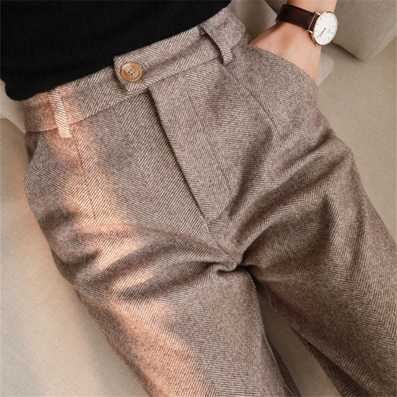 Pantalones Harlen de lana con diseño de espiguilla para mujer, nuevos pantalones de traje de pie pequeño adelgazantes de cintura alta, pantalones sueltos informales de pipa de humo