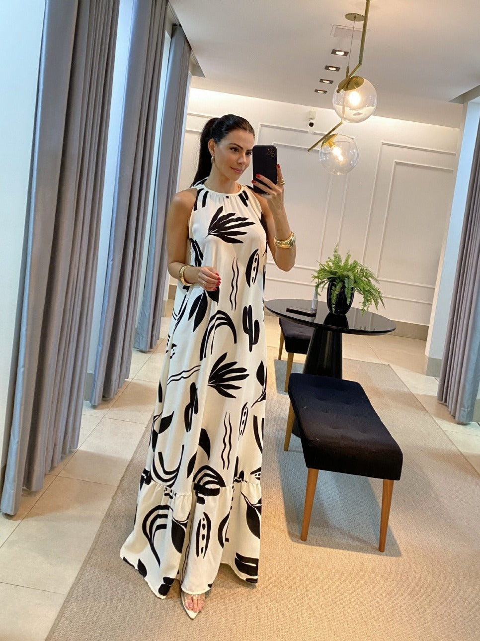 New black and white printed camisole long skirt for women