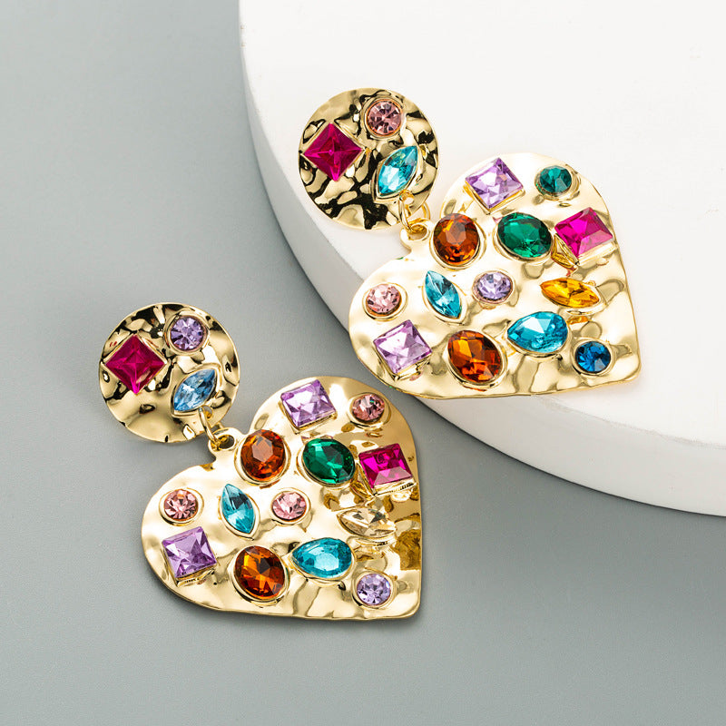 Geometric Heart Shaped Alloy Set Colorful Rhinestone Earrings Vintage Gold Drop Earrings