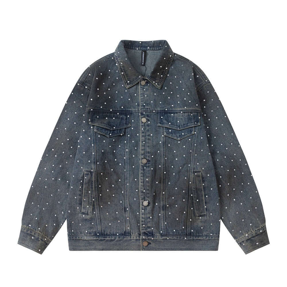 Hot diamond full print denim jacket spray painted distressed and dirty loose jacket