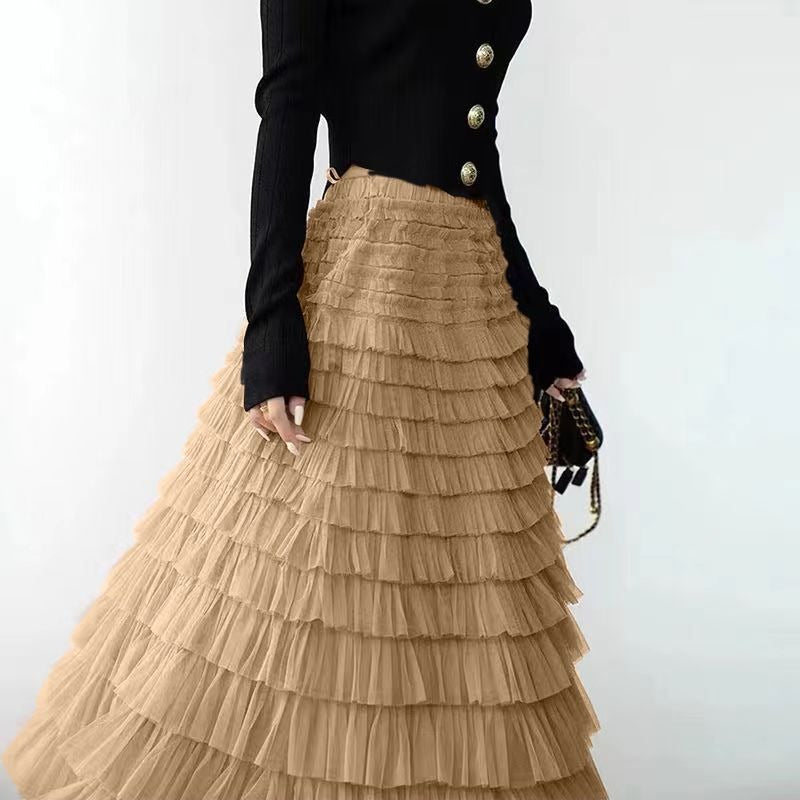 Vestido de longitud media con borde de oreja de madera estilo princesa largo de múltiples capas