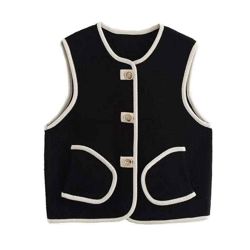 Korean loose fit sleeveless sleeveless trimmed pocket pearl fleece vest top