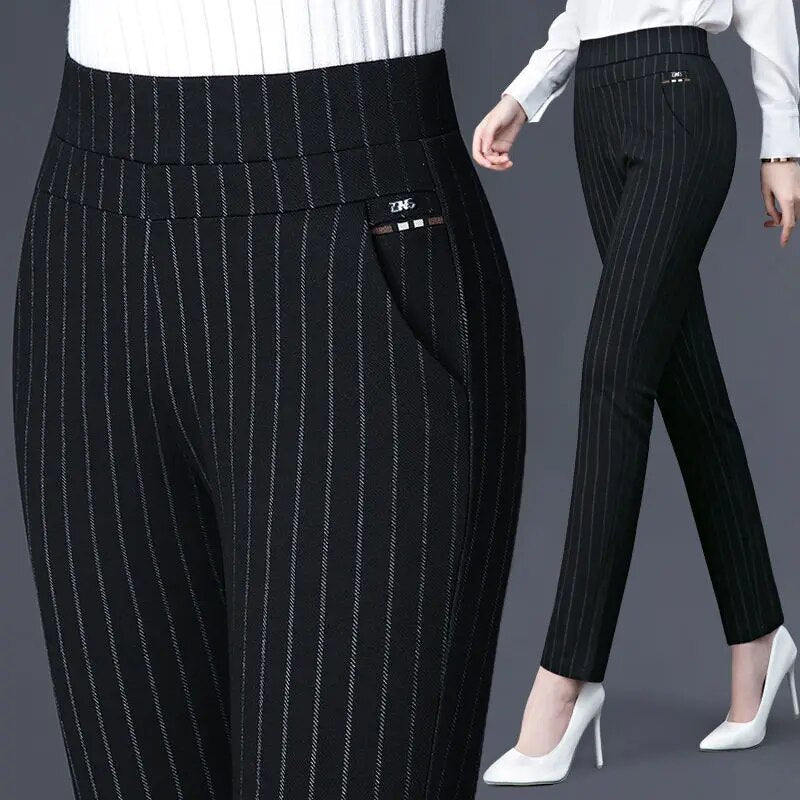 Pantalones informales elásticos de cintura alta para mujer, nuevo estilo, con rayas elásticas para adelgazar, pantalones de pierna recta para mujer de mediana edad