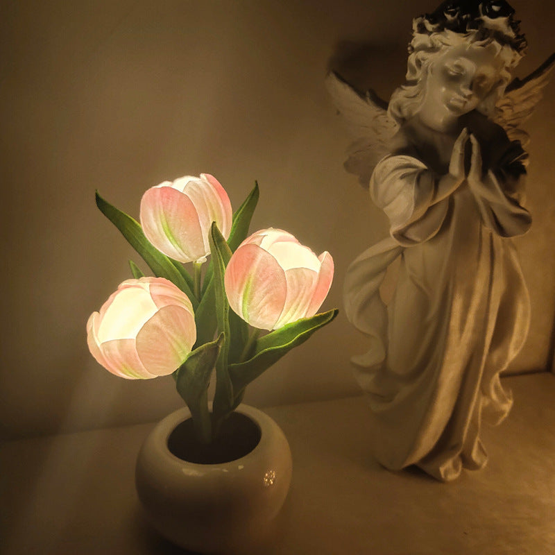 LED Tulip Flower Pot Light Pink Tulip Simulation Flower Pot Ceramic