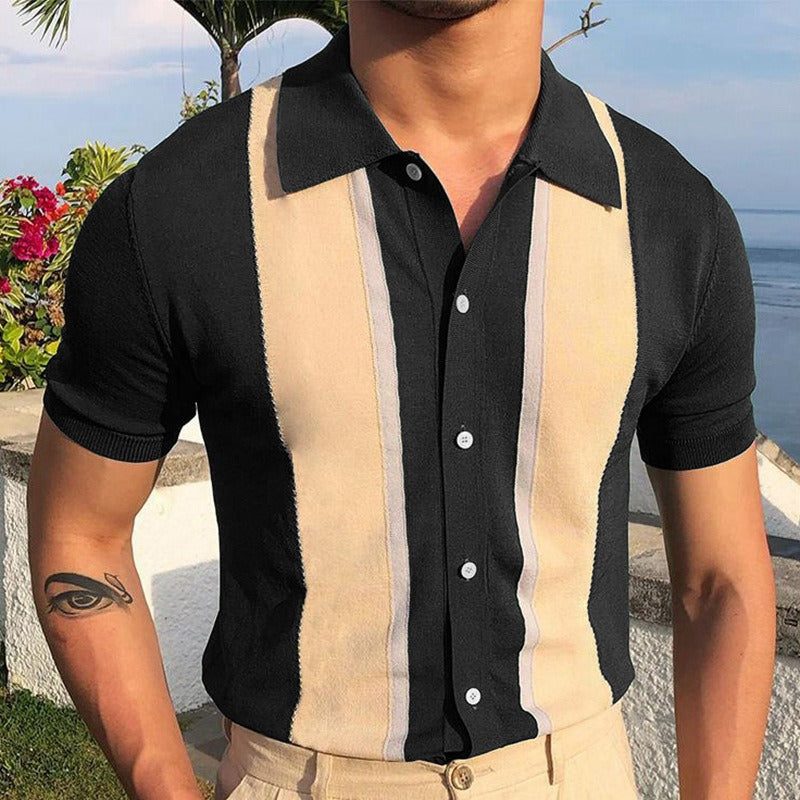 Flip collar contrasting color T-shirt single breasted cardigan knitted short sleeved POLO shirt