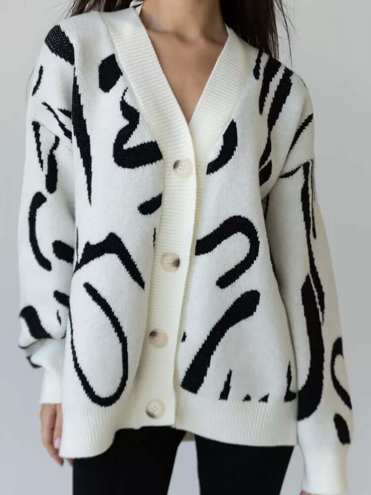 Women's casual and comfortable knitted cardigan leopard print loose sweater jacket