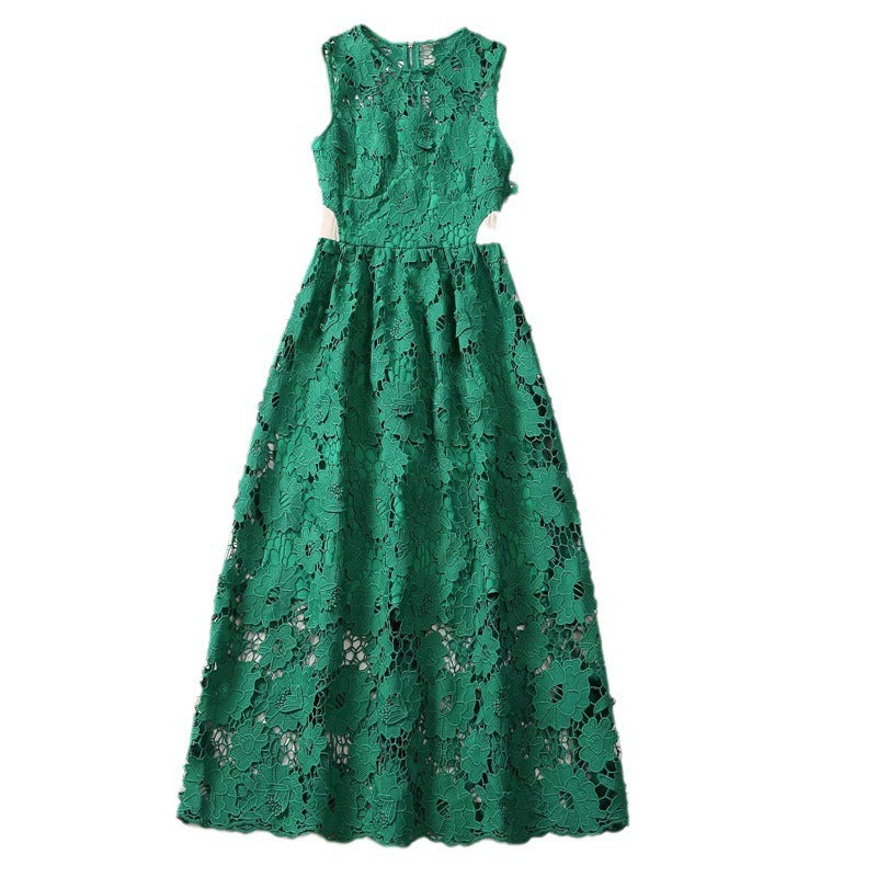 Vestido largo medio de patchwork verde para mujer de verano y otoño.