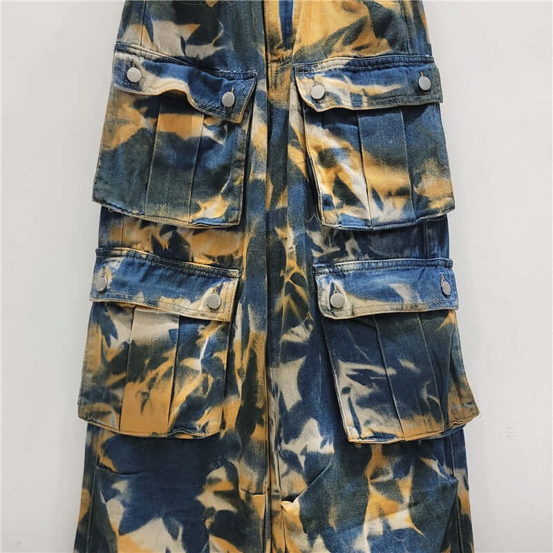 Retro street multi pocket camouflage work pants, long pants, straight leg mop jeans, wide leg pants