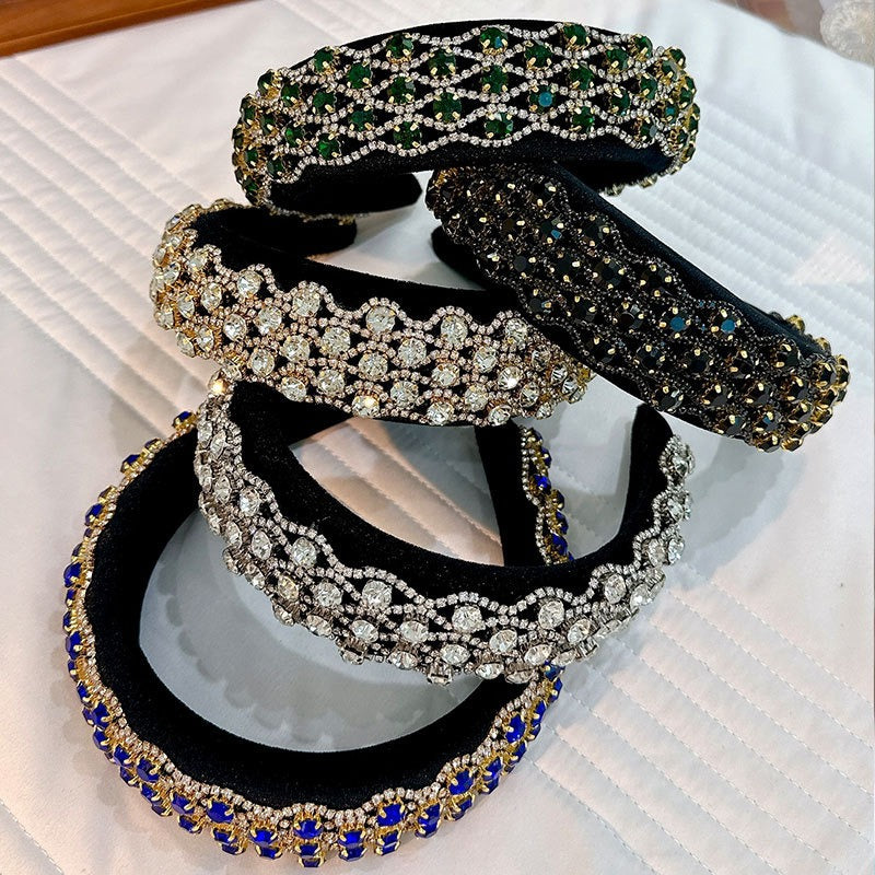 Fashionable full set rhinestone wide edge solid color sponge head hoop