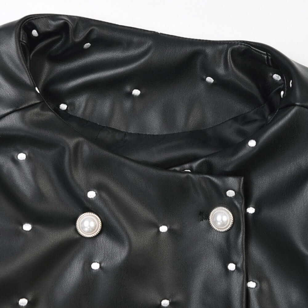 Polka dot double breasted PU leather jacket women's bubble sleeve leather jacket