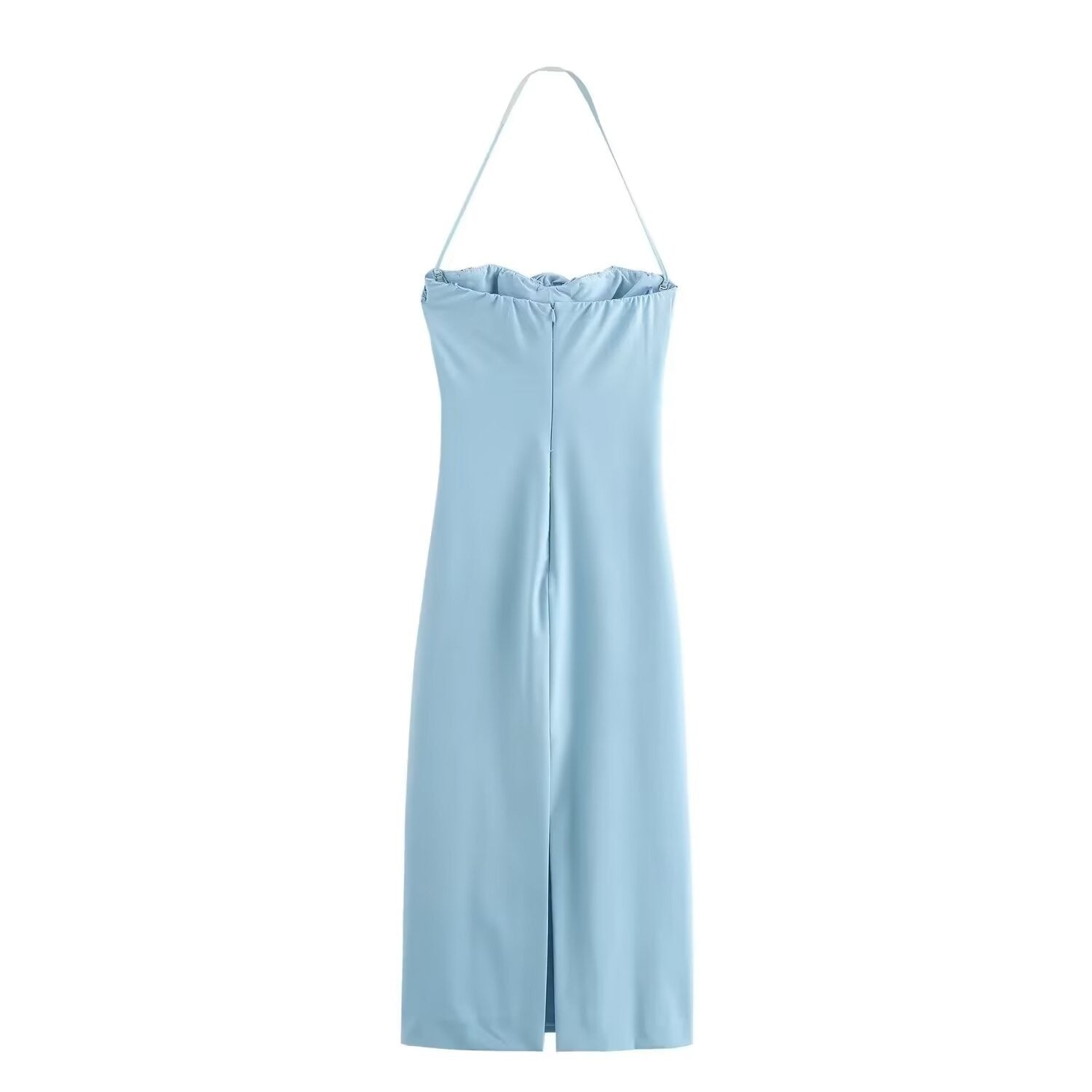 Fashionable temperament hanging neck collar flower pleated blue dress