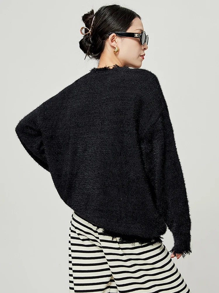 Abstraction Printed Sweater For Women O-neck Full Sleeve Casual Loose Mohair Knitting Pullover