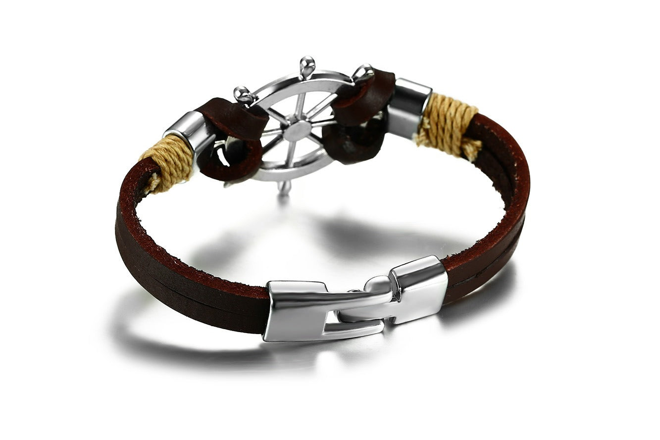 Joyería Aleación Barco Timonel Cuerda Negro Marrón Pulsera de moda para hombre