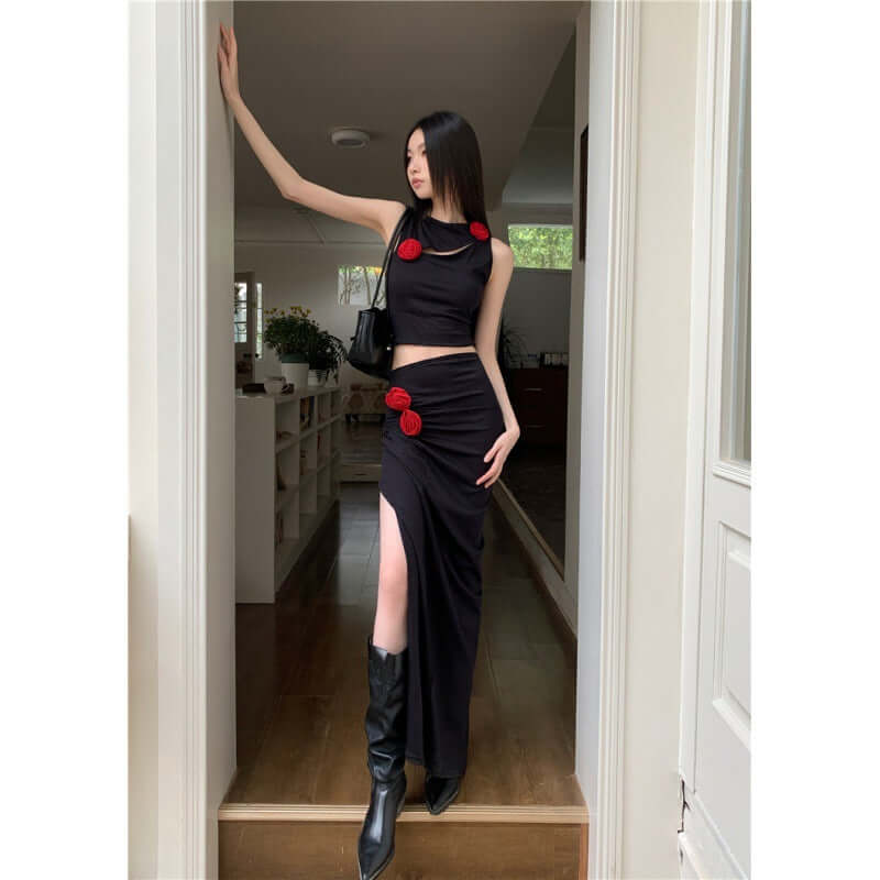 Black dress set women's irregular hollow vest+low waist long skirt two-piece set