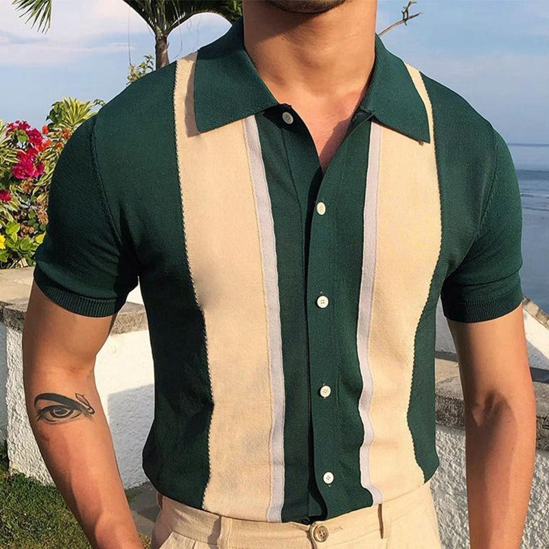 Flip collar contrasting color T-shirt single breasted cardigan knitted short sleeved POLO shirt